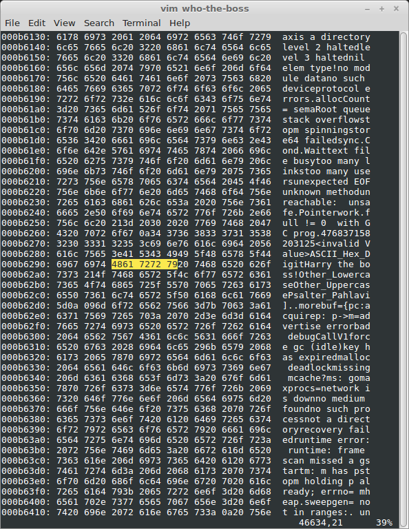 &ldquo;We search for a string of hexadecimal digits 48 61 72 72 79 in Vim&rdquo;